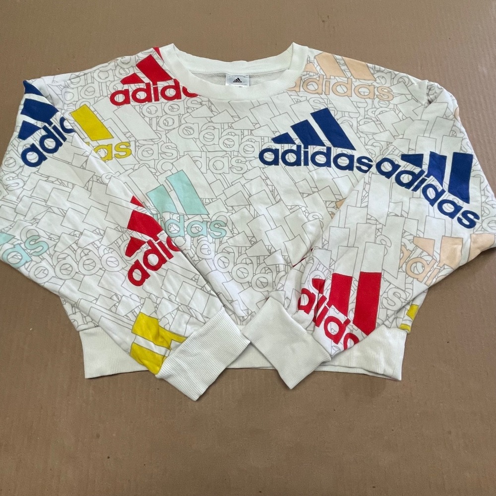 Adidas Women S Essentials Multi Color Logo Cropped Sweatshirt White Crewneck